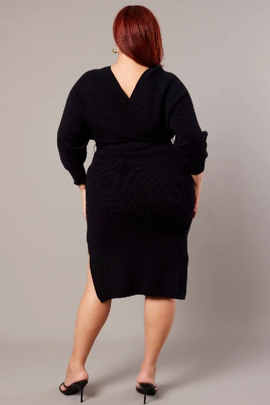 Black Knit Knee Length Dress