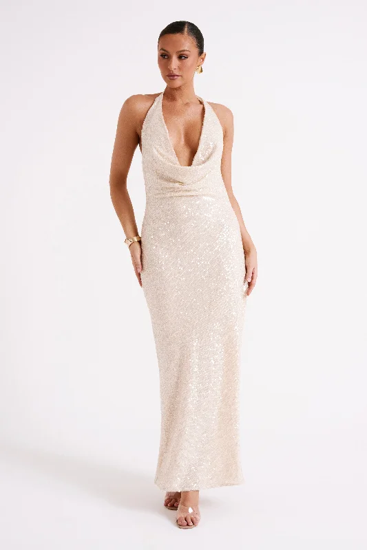 Blakely Halter Sequin Maxi Dress - Cream