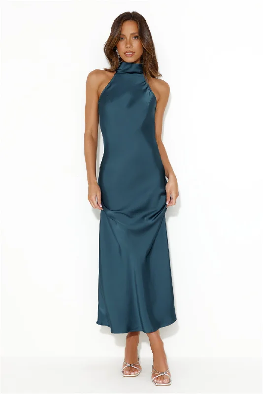 Crystal Glass Satin Maxi Dress Teal