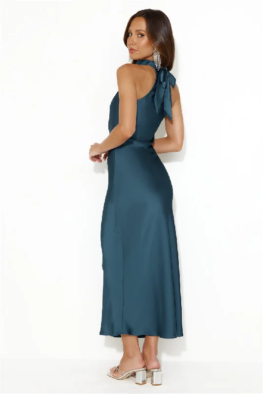 Crystal Glass Satin Maxi Dress Teal