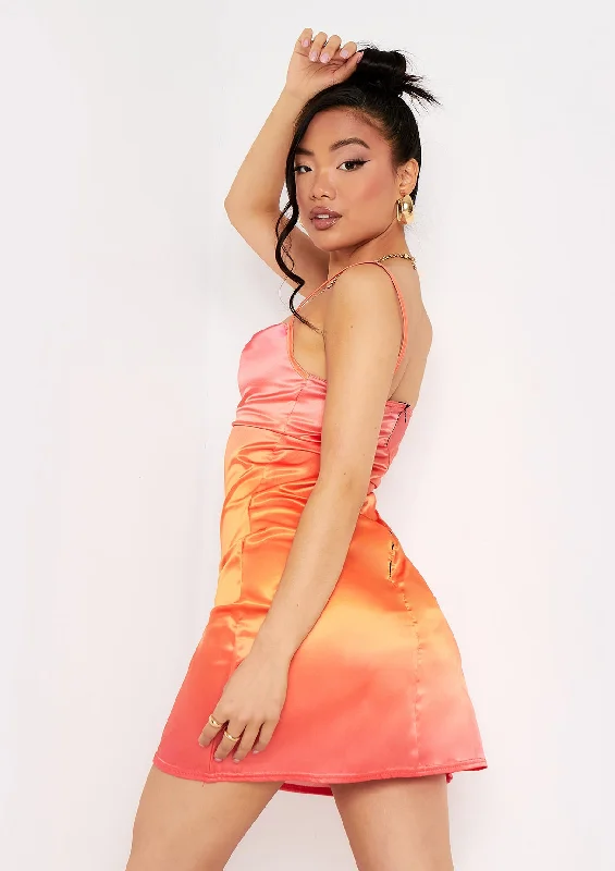 Jazmin Orange Ombre Cowl Neck Mini Satin Slip Dress