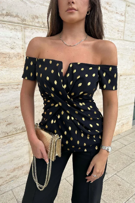 Monica Black Foil Off The Shoulder Top