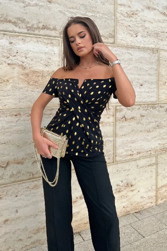 Monica Black Foil Off The Shoulder Top