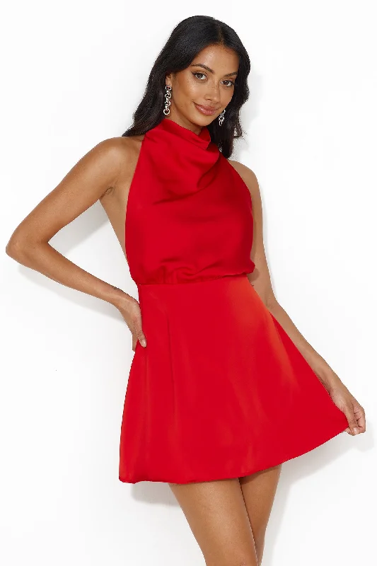 Romantic Location Satin Halter Mini Dress Red