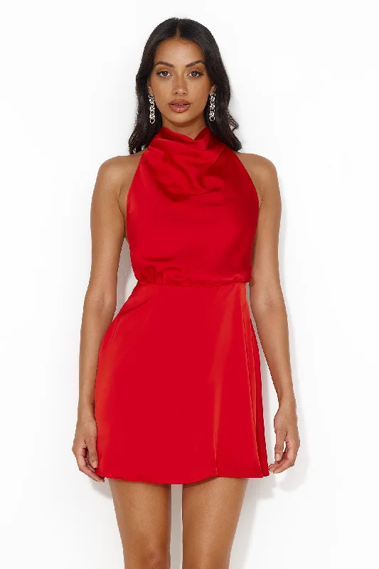 Romantic Location Satin Halter Mini Dress Red