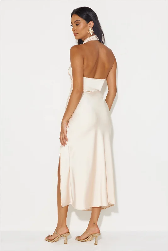 Talking Truth Halter Satin Maxi Dress Champagne