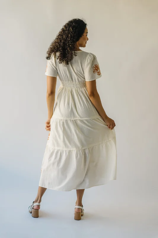 The Radison Embroidered Midi Dress in Cream