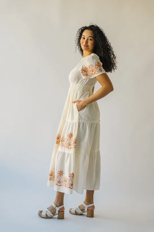 The Radison Embroidered Midi Dress in Cream