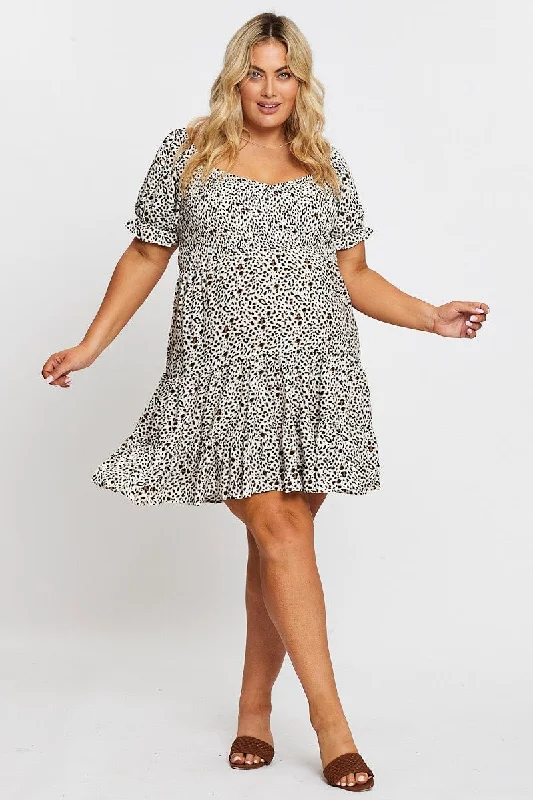 Animal Print Short Puff Sleeve Shirred Bust Dress