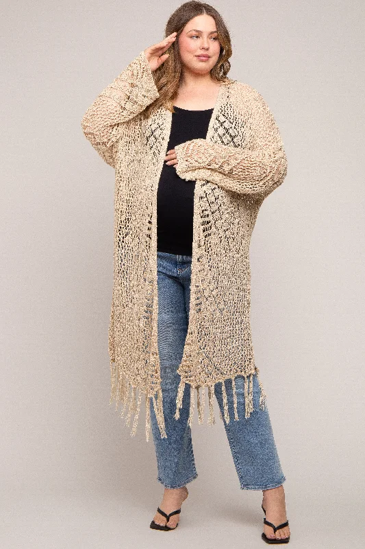 Beige Crochet Fringe Hem Maternity Plus Cardigan