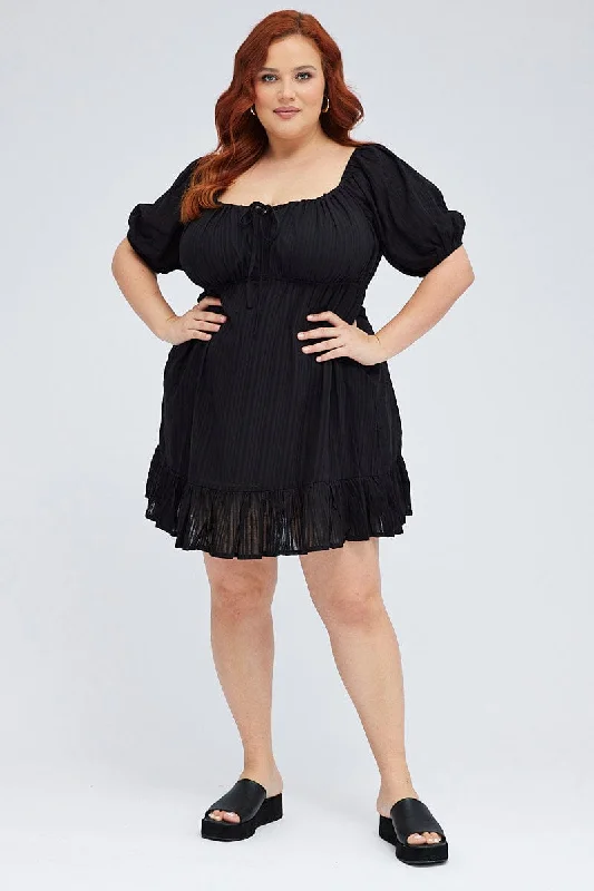 Black Skater Dress Scoop Neck Short Sleeve Tie