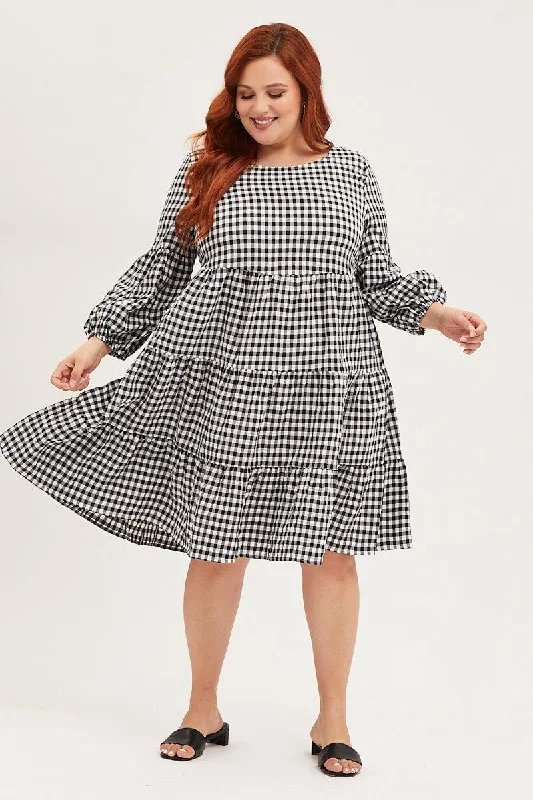 Check Skater Dress Round Neck Long Sleeve Tie