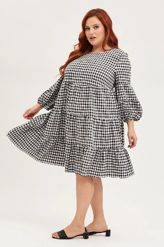 Check Skater Dress Round Neck Long Sleeve Tie