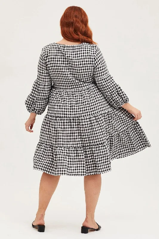 Check Skater Dress Round Neck Long Sleeve Tie