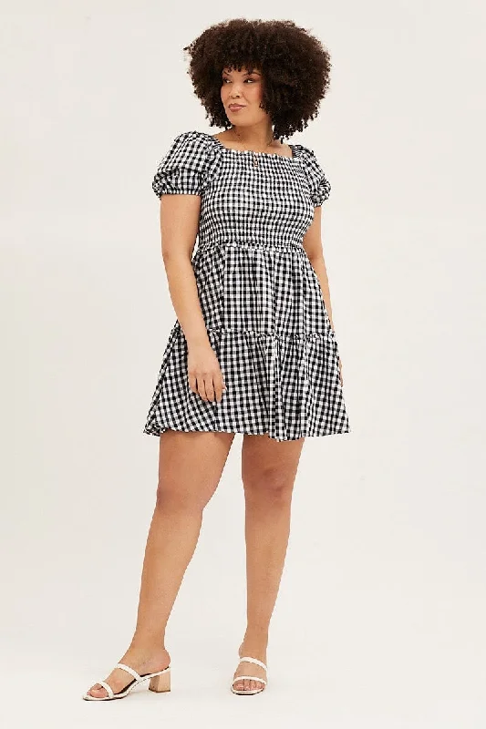 Check Skater Dress Square Neck Short Sleeve Tie