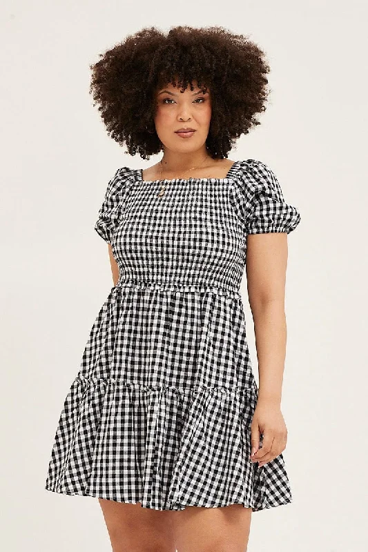 Check Skater Dress Square Neck Short Sleeve Tie