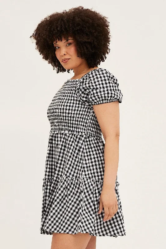 Check Skater Dress Square Neck Short Sleeve Tie