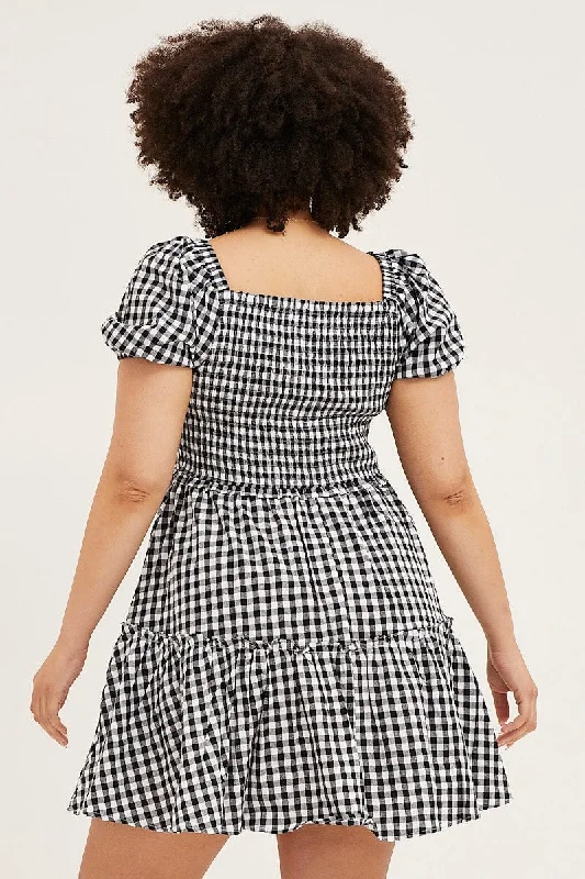 Check Skater Dress Square Neck Short Sleeve Tie