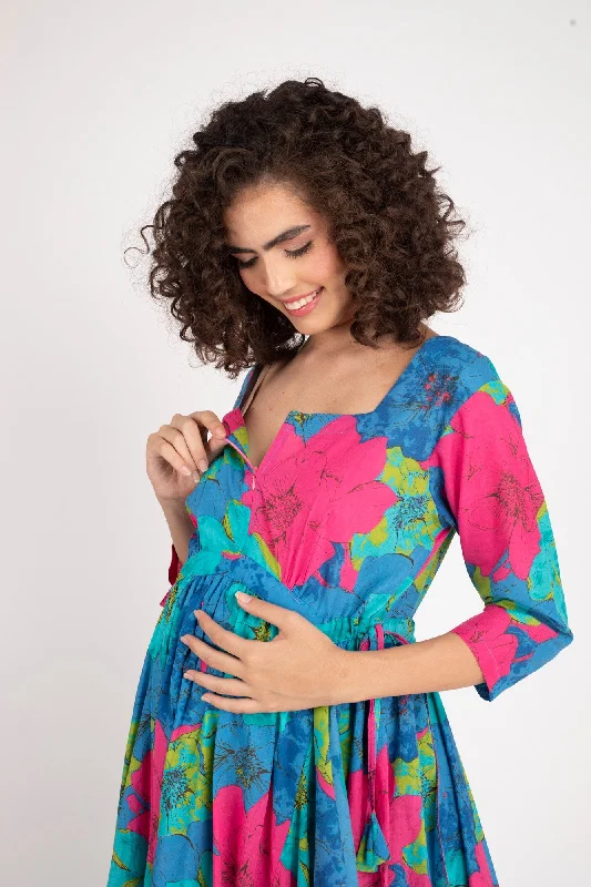 Dazzling Blue Maternity & Nursing Flow Dress (100% Cotton)