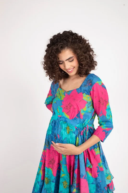 Dazzling Blue Maternity & Nursing Flow Dress (100% Cotton)