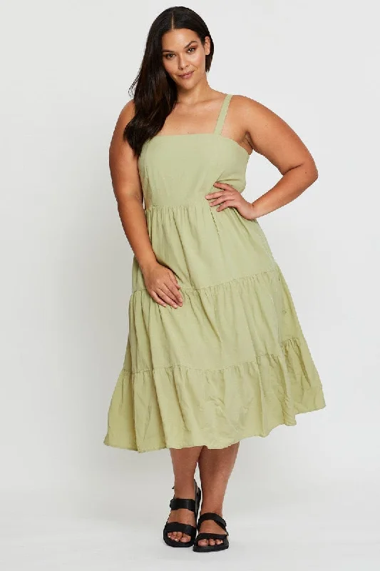 Green Midi Dress Square Neck Sleeveless