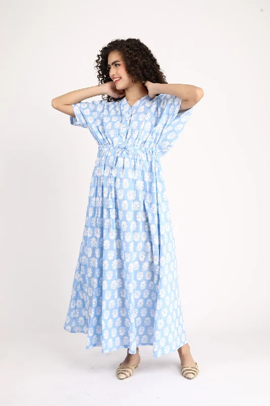 Ice Blue Maternity & Nursing Dress / Delivery Gown/ Night Dress (100% Cotton)