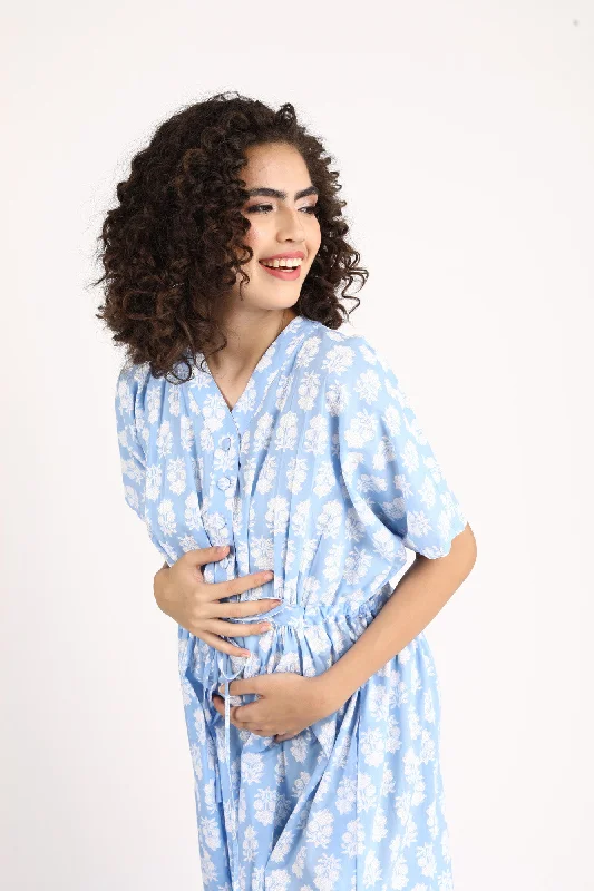 Ice Blue Maternity & Nursing Dress / Delivery Gown/ Night Dress (100% Cotton)