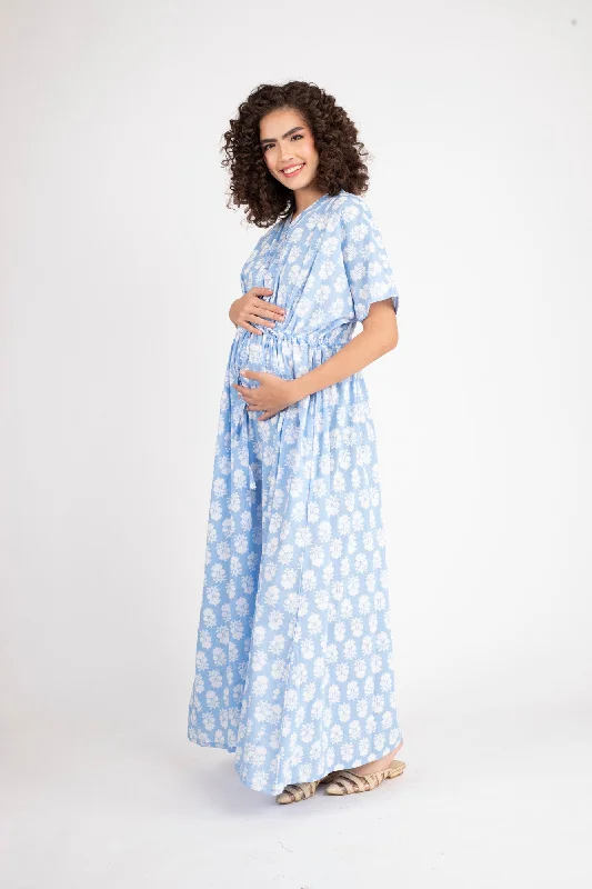 Ice Blue Maternity & Nursing Dress / Delivery Gown/ Night Dress (100% Cotton)