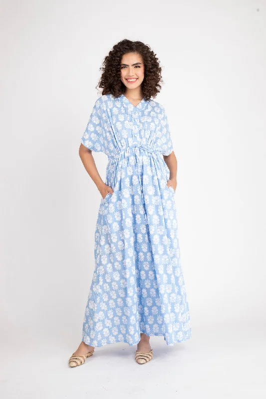 Ice Blue Maternity & Nursing Dress / Delivery Gown/ Night Dress (100% Cotton)