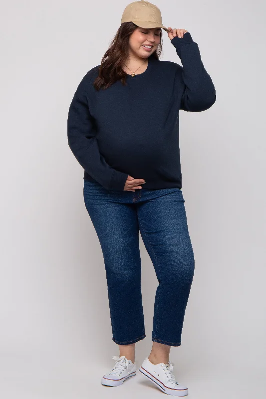 Navy Blue Soft Knit Fleece Lined Maternity Plus Sweatshirt