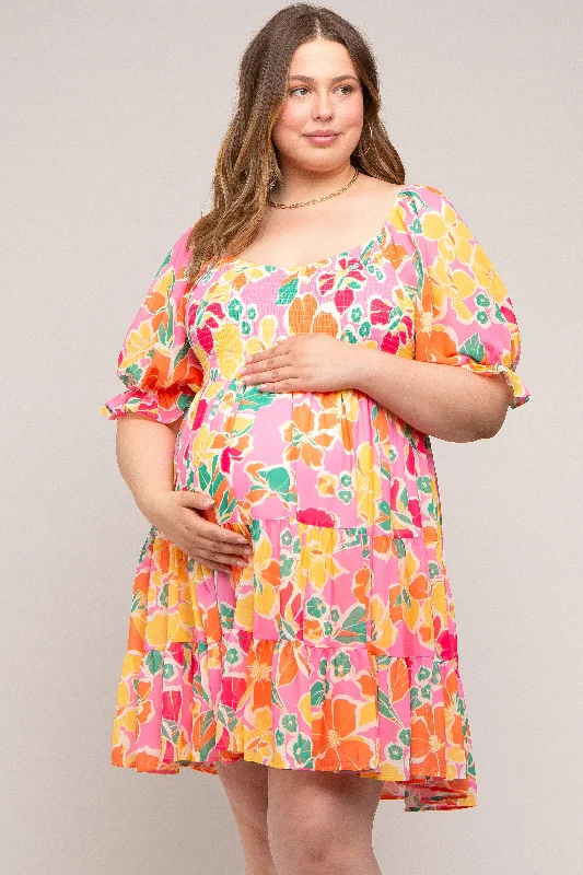 Pink Floral Puff Sleeve Maternity Plus Dress