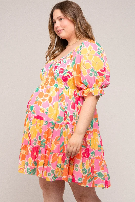 Pink Floral Puff Sleeve Maternity Plus Dress