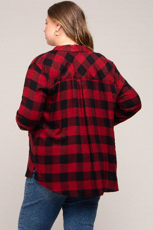 Red Checkered Maternity Plus Long Sleeve Button Down Top