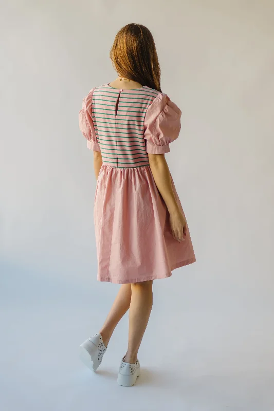 The Taylen Puff Sleeve Dress in Pink + Green Stripe