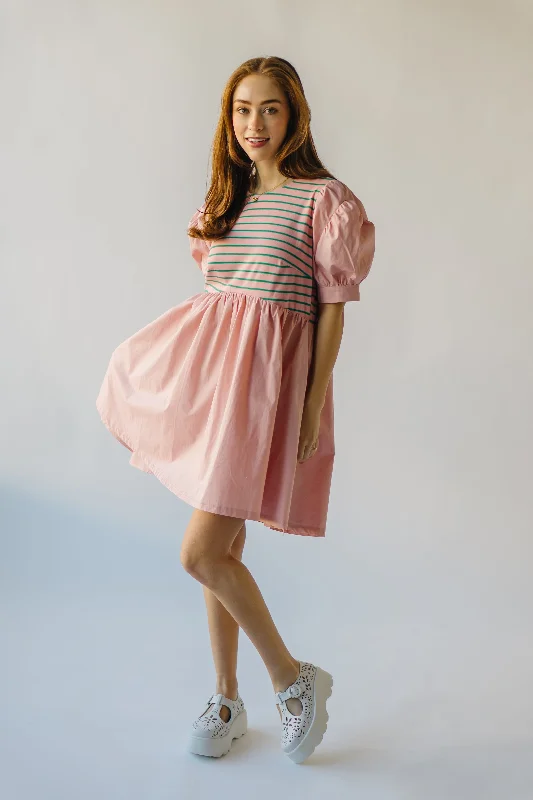 The Taylen Puff Sleeve Dress in Pink + Green Stripe