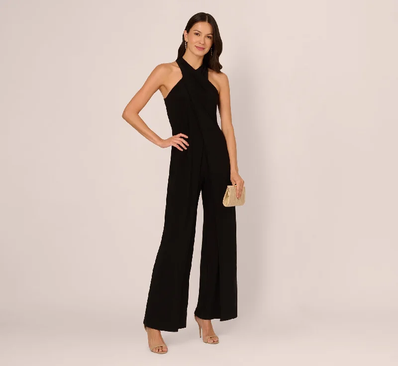 Jersey Halter Jumpsuit With Overlay Details In Black