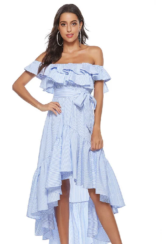 Off-Shoulder Asymmetrical Hem Waist Belted Ruffle Dress