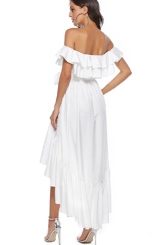 Off-Shoulder Asymmetrical Hem Waist Belted Ruffle Dress