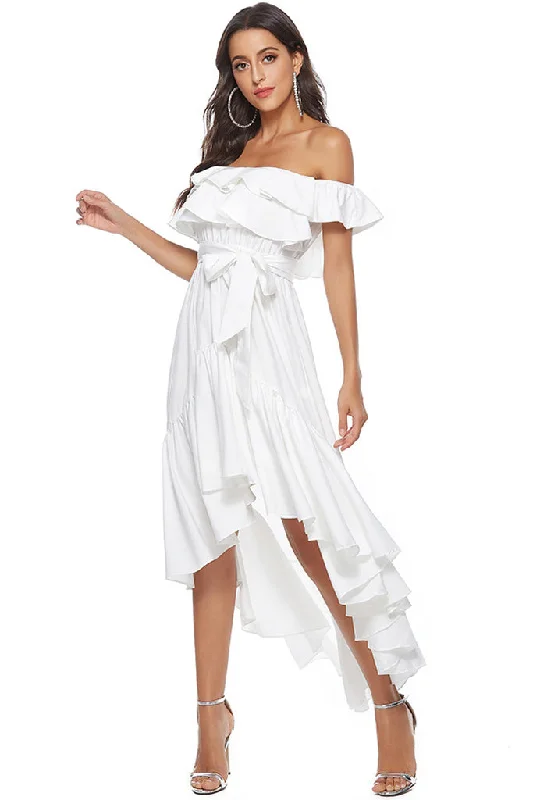 Off-Shoulder Asymmetrical Hem Waist Belted Ruffle Dress