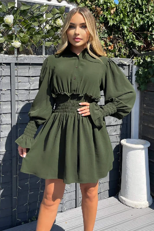 Olive Shirred Waist Long Sleeve Shirt Dress