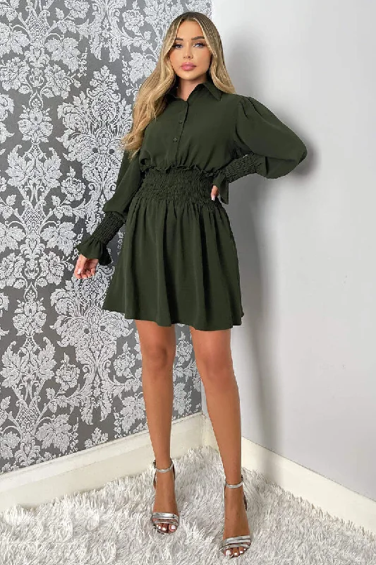 Olive Shirred Waist Long Sleeve Shirt Dress