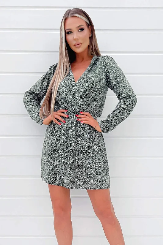 Sage And Black Printed Long Sleeve Mini Dress