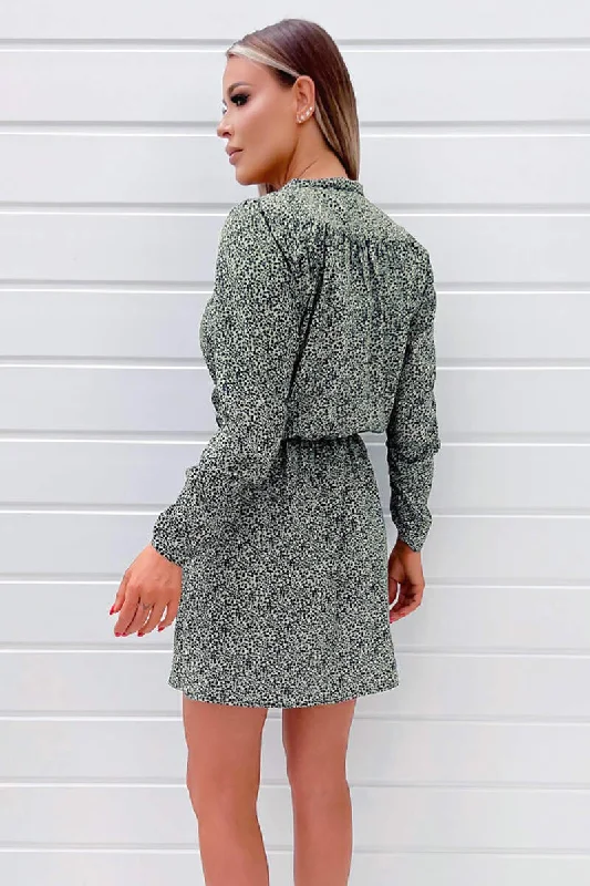 Sage And Black Printed Long Sleeve Mini Dress