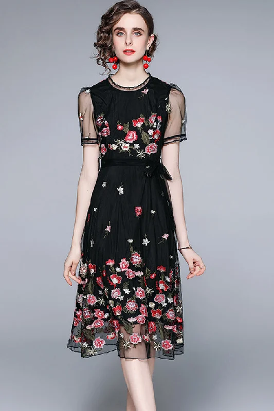 Short Sleeve Waist Belted Embroidered Tulle Dress