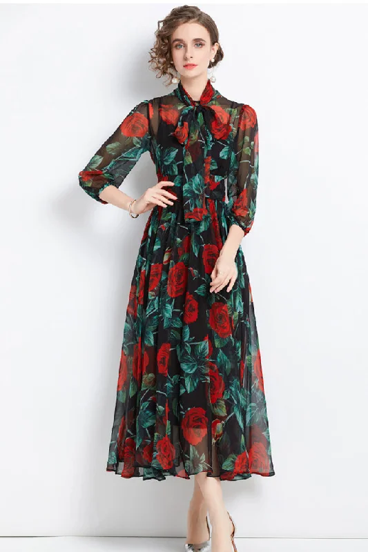 Three Quarter Sleeve Neck Bowknot Floral Dress