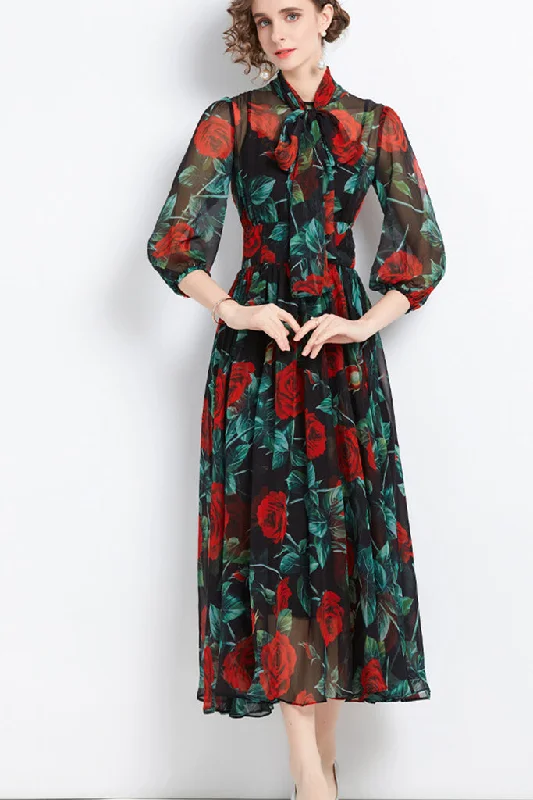 Three Quarter Sleeve Neck Bowknot Floral Dress