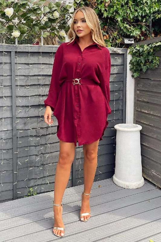 Wine Belted Long Sleeve Shirt Dress