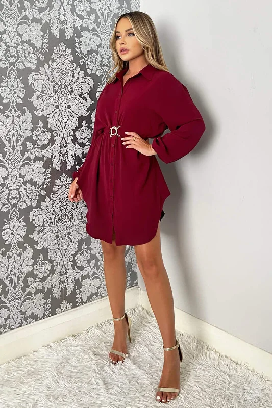 Wine Belted Long Sleeve Shirt Dress