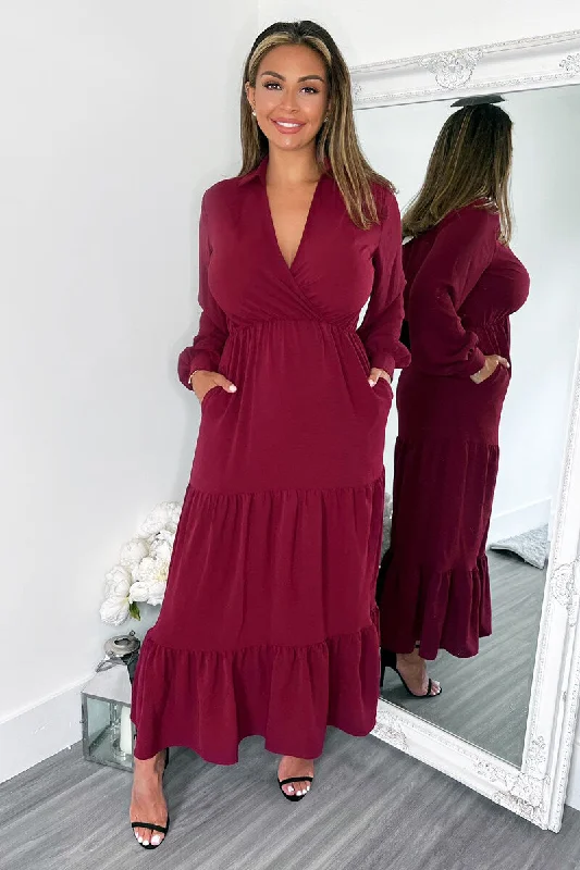 Wine Long Sleeve Wrap Top Smock Midi Dress