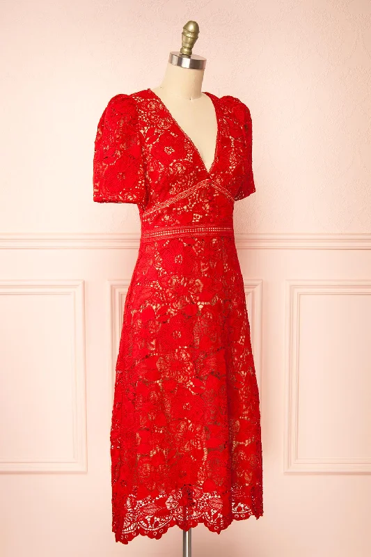 Elviana | Red Crocheted Lace Midi Dress